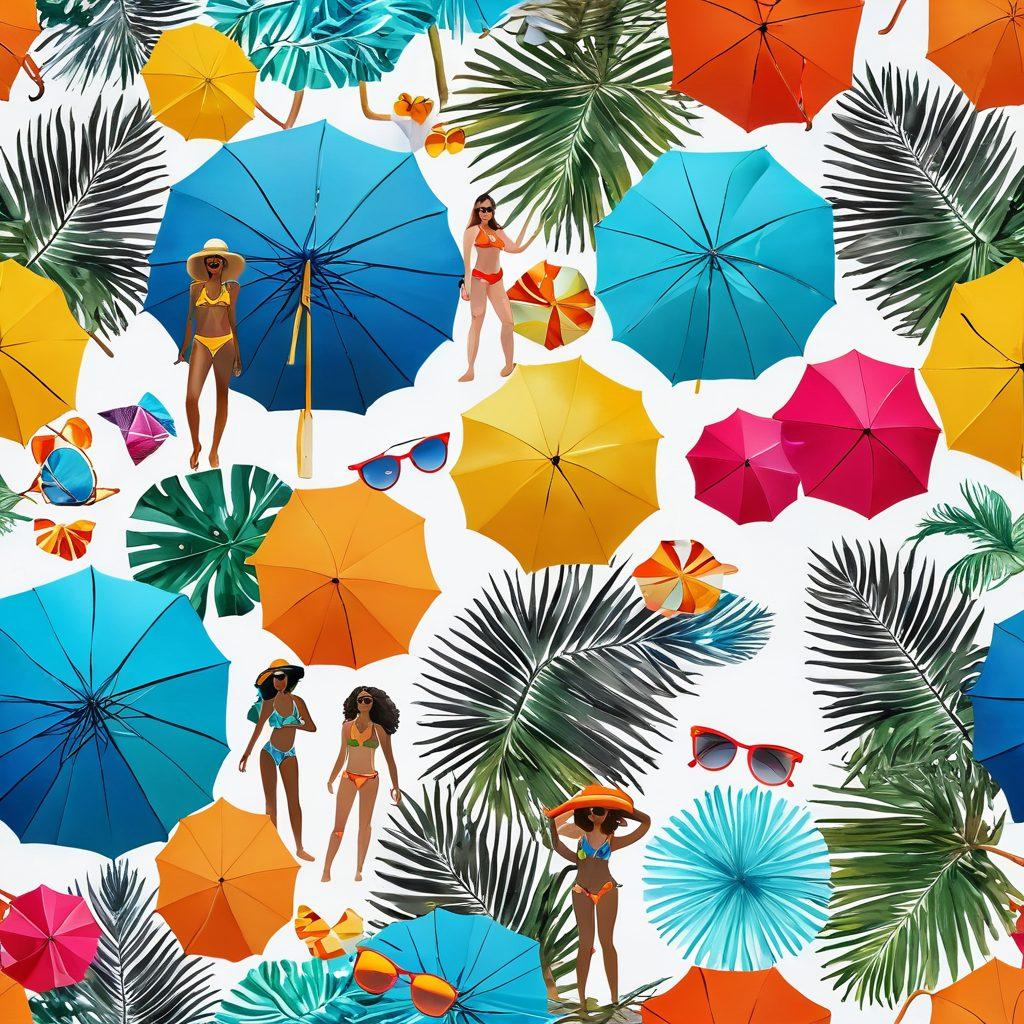 A beach scene bustling with diverse models showcasing the latest bikini and swimwear trends, vibrant sun umbrellas and palm trees in the background, surrounded by crystal clear waves. Highlight stylish patterns, bright colors, and accessories like sunglasses and beach hats. Convey a sense of fun, fashion, and summer vibes. Soft focus with a bright and colorful aesthetic. super-realistic. vibrant colors. 3D.