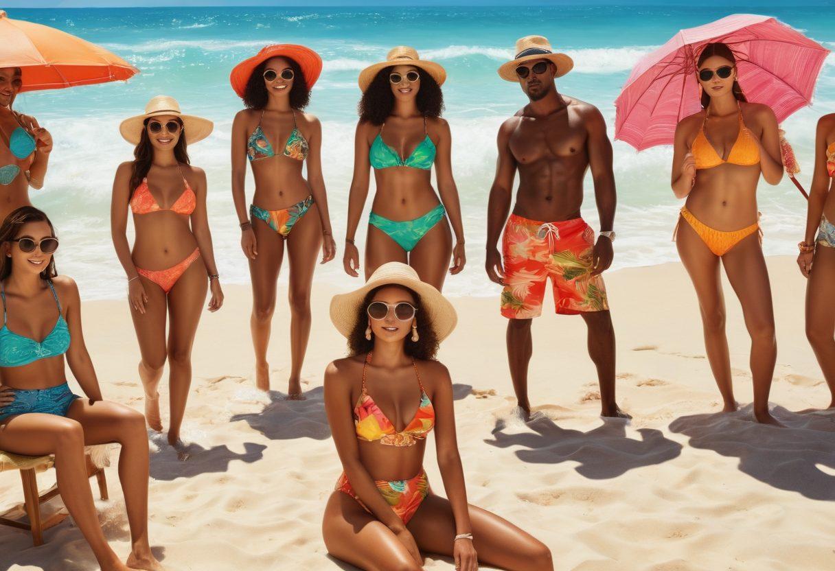A vibrant beach scene showcasing a diverse group of stylish individuals wearing the latest swimwear trends. Brightly colored swimsuits with various patterns, accessories like sunglasses and hats, and a backdrop of gentle waves and a sunny sky. Include beach umbrellas and tropical drinks to enhance the summer vibe. super-realistic. vibrant colors. warm tones.